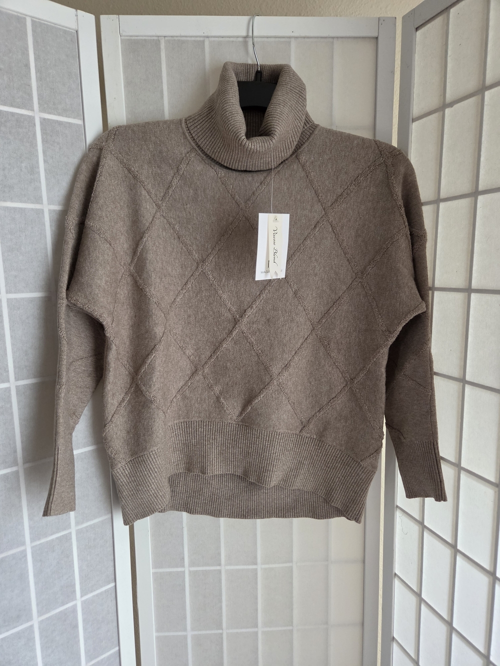 Magaschoni Taupe Diamond Knit Turtleneck Sweater NWT S/P